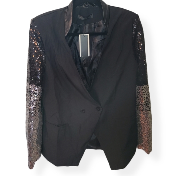 RESERVED | NWT Zanza Black Blazer with Sequined Sleeves sz 10 - Picture 2 of 6
